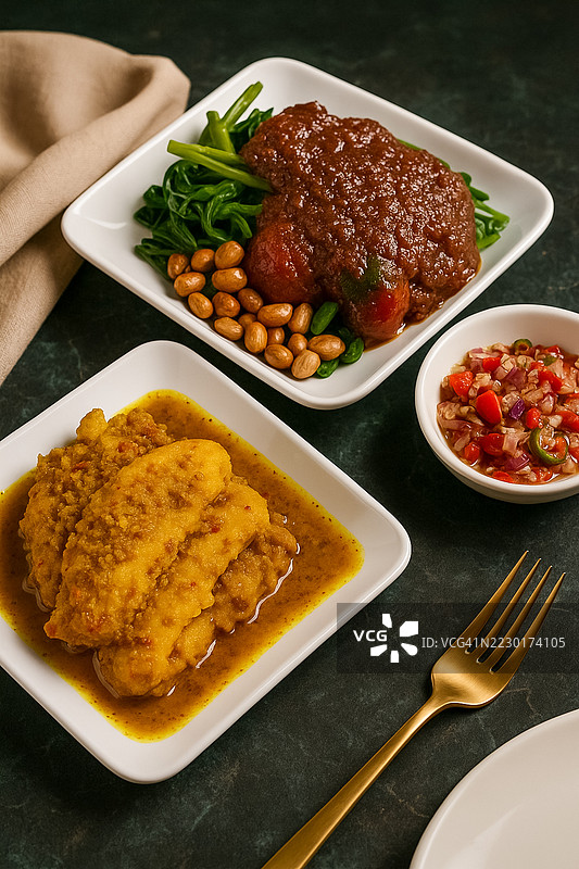 传统巴厘岛的Ayam Betutu配上沙爹和蔬菜图片素材