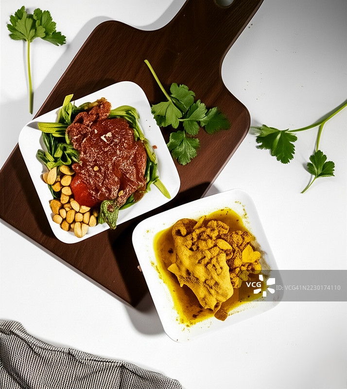 传统巴厘岛的Ayam Betutu菜肴放在木板上图片素材