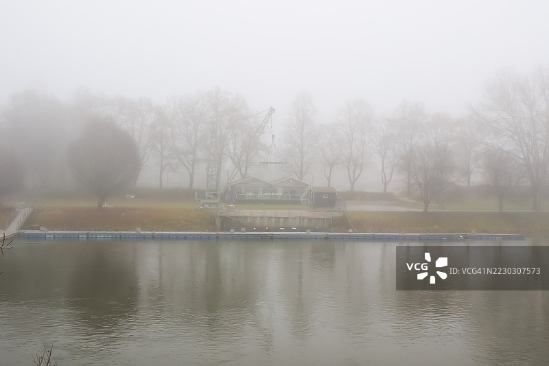 雾气弥漫的河边树木图片素材