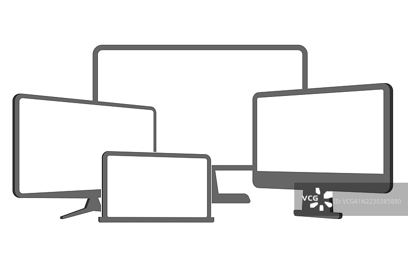 多种数字设备屏幕的简约矢量插图 - 电脑显示器、笔记本电脑和显示器图标图片素材