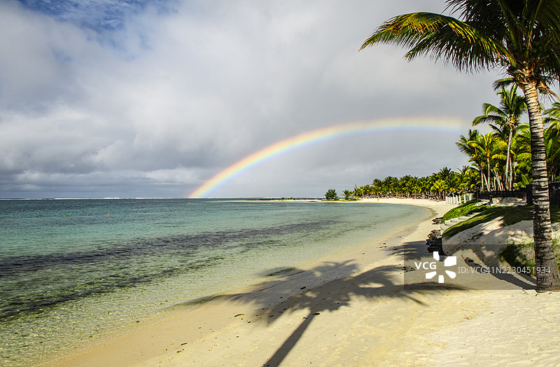 毛里求斯海滩上的彩虹，椰子树和翡翠绿色的海洋。图片素材