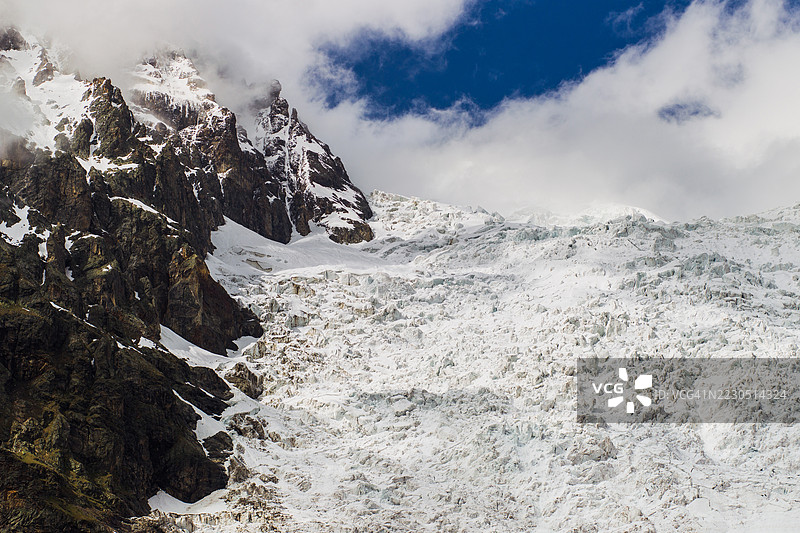 被冰雪覆盖的山脉与冰川。自然背景，美丽的景色。图片素材