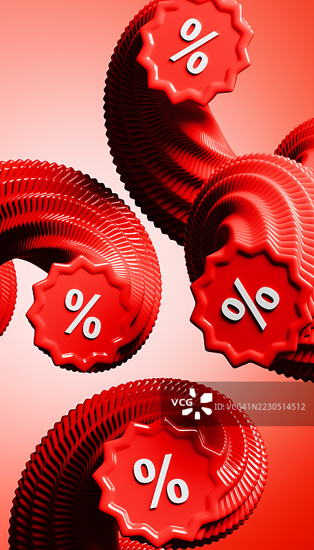红色调的百分比折扣标志层叠螺旋，留有空白空间以表示折扣和促销图片素材