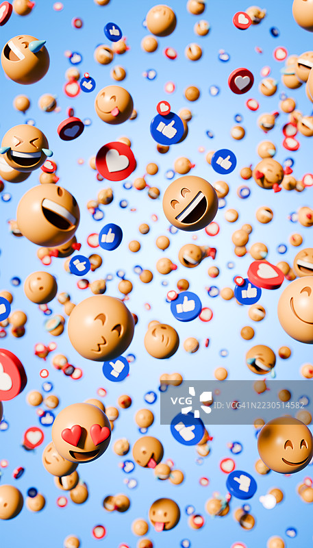 浮动对话 — 蓝色背景上模糊的悬浮表情符号和社交媒体图标图片素材