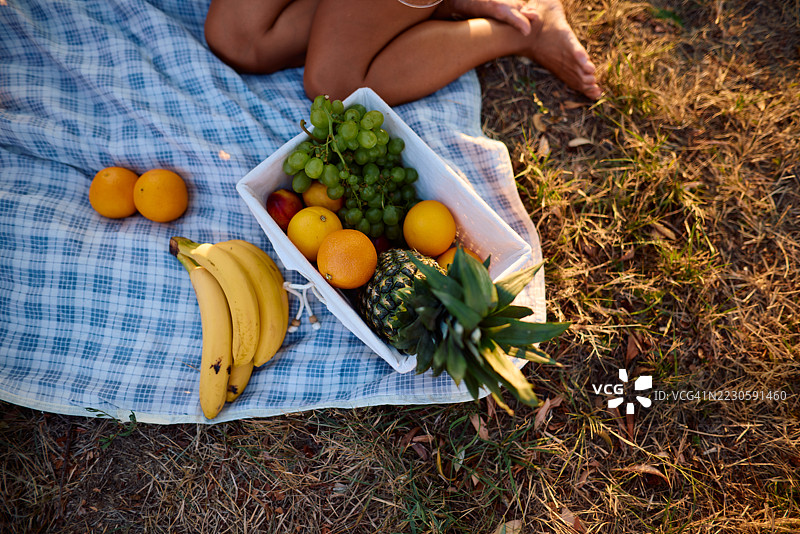 装满新鲜水果的野餐篮放在毯子上图片素材