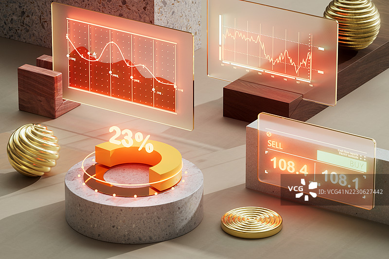 未来金融数据可视化，带有发光的全息图表和交易界面图片素材