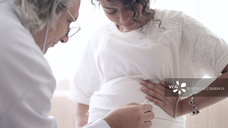 医院检查室，专科医生和护士仔细检查孕妇的健康，使用超声设备监测胎儿的生长和发育，确保母婴安全。定期产前护理的重点。图片素材