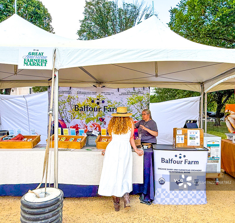 华盛顿特区马尔广场的农贸市场上，供应商与顾客。图片素材