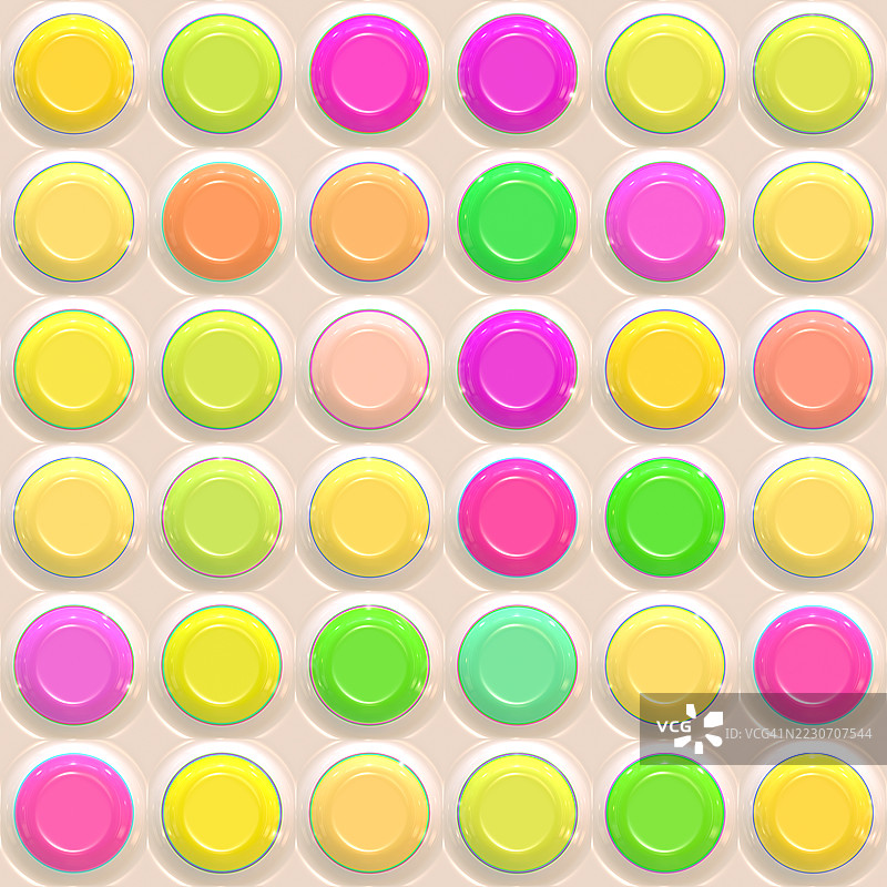 柔和的糖果色圆形图案。粉色、黄色、绿色和橙色的柔和圆圈以俏皮的重复网格图案排列。图片素材