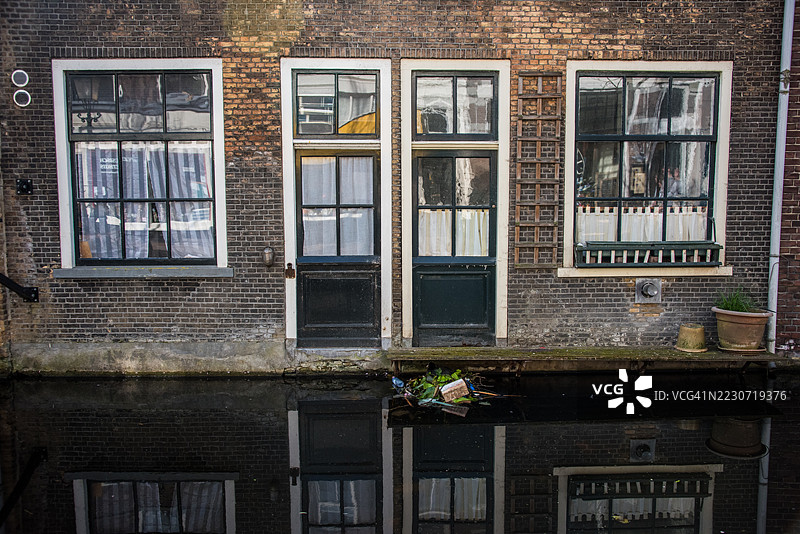 在荷兰代尔夫特，一只欧亚水鸡（Fulica atra）在运河水面上的平台上筑巢。图片素材