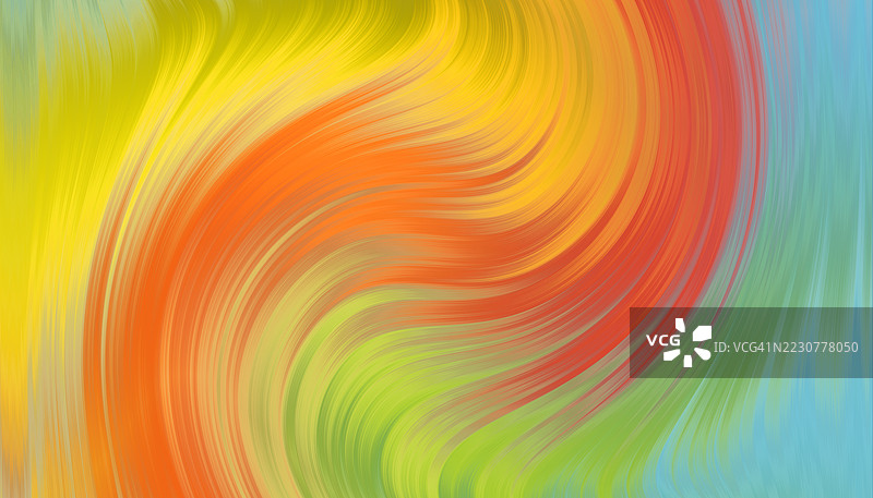 生动的旋转渐变抽象背景。色彩斑斓的抽象漩涡将黄色、橙色、绿色和蓝色调和谐地融合在一起，形成平滑的渐变流动。图片素材