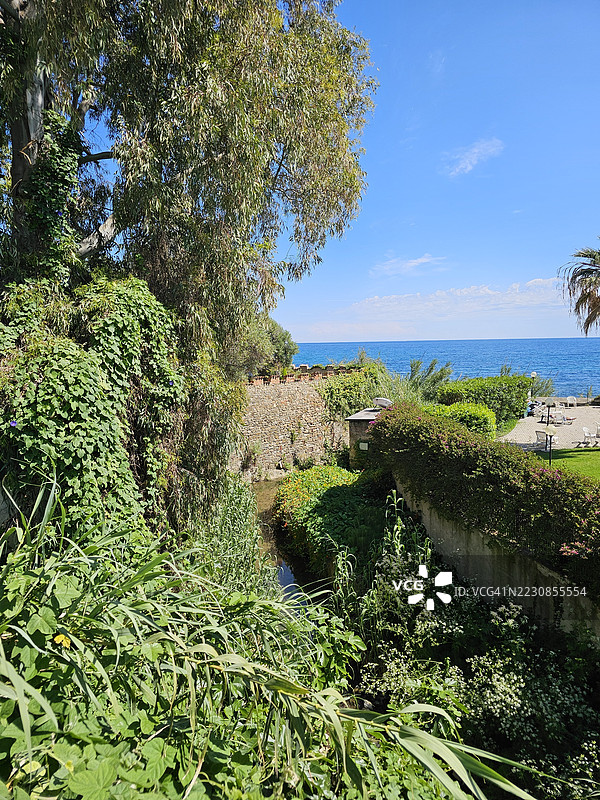 阳光明媚的日子里，俯瞰大海的郁郁葱葱的花园，意大利圣雷莫图片素材
