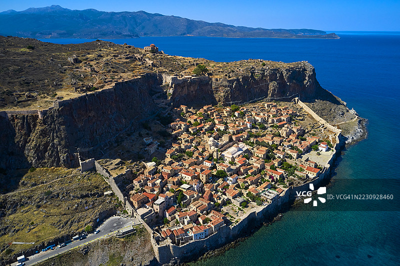 希腊，伯罗奔尼撒地区，莫尼姆瓦西亚，中世纪的堡垒城市图片素材