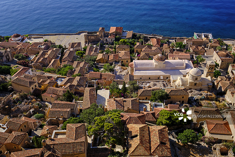 希腊，伯罗奔尼撒地区，莫尼姆瓦西亚，中世纪的堡垒城市图片素材