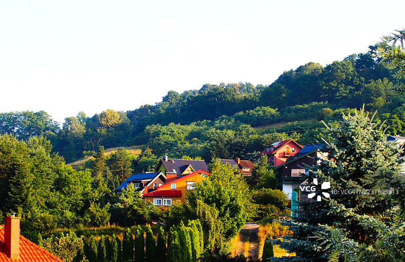 色彩斑斓的房屋坐落在郁郁葱葱的树木之间，位于波兰的山坡上图片素材