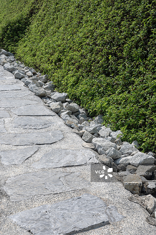 一幅抽象的石头小路与草地的纹理。小路由光滑的黑色石头铺成，草地则是生机勃勃的绿色。图片素材