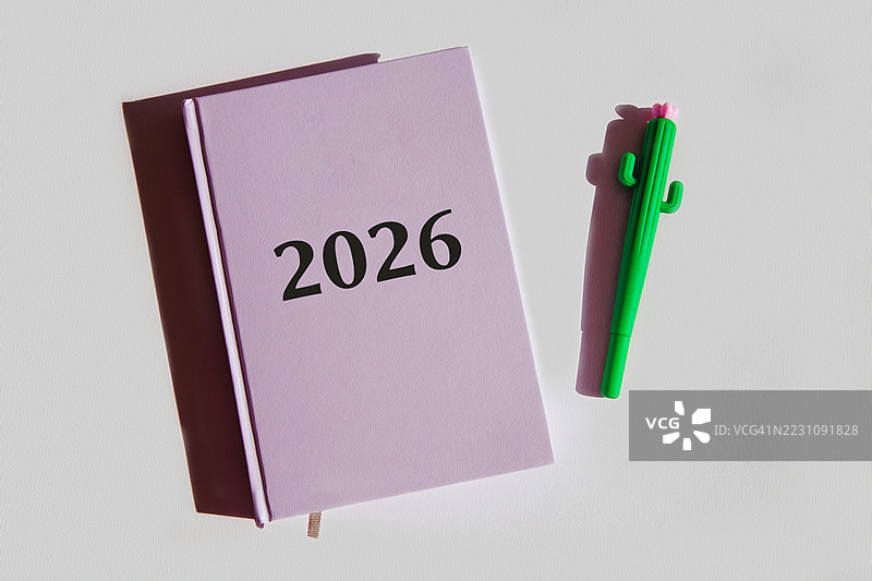 2026年计划本与仙人掌笔在白色背景上图片素材