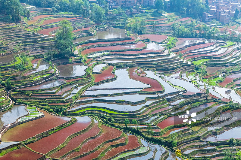 乡村地区色彩斑斓的梯田鸟瞰图图片素材