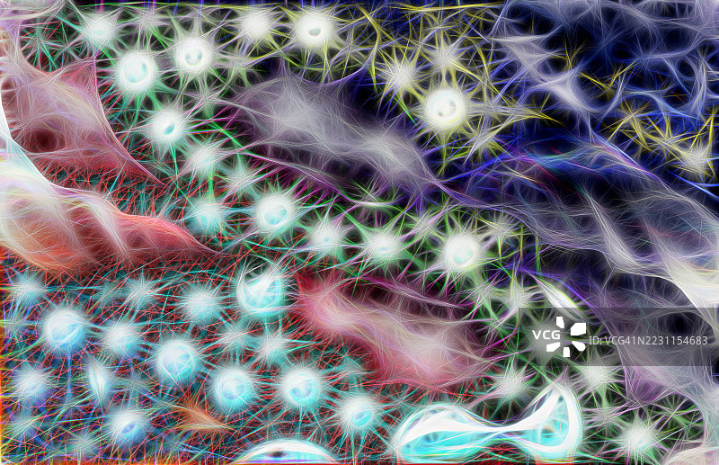 抽象背景，圆形细胞通过细微的电神经相互连接。图片素材