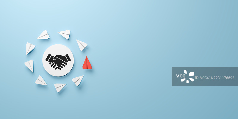 蓝色背景上环绕着握手图标的纸飞机图片素材