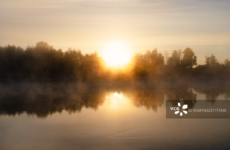 乌克兰湖面上雾气弥漫的日出，树木倒映在水中图片素材