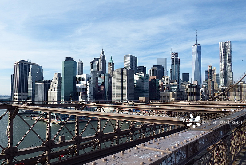 从布鲁克林大桥看纽约市曼哈顿下城天际线图片素材