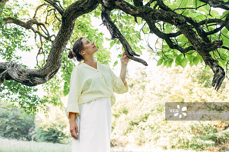 女人在公园里探索自然，触摸一棵树图片素材