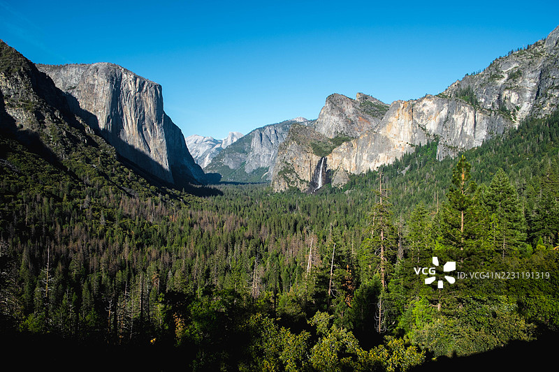 优美的优胜美地山谷景观，包含埃尔卡皮坦峰和半圆顶，优胜美地山谷，美国图片素材