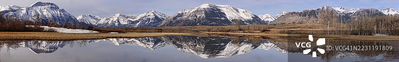 加拿大宁静湖泊中倒映的雪山全景图片素材
