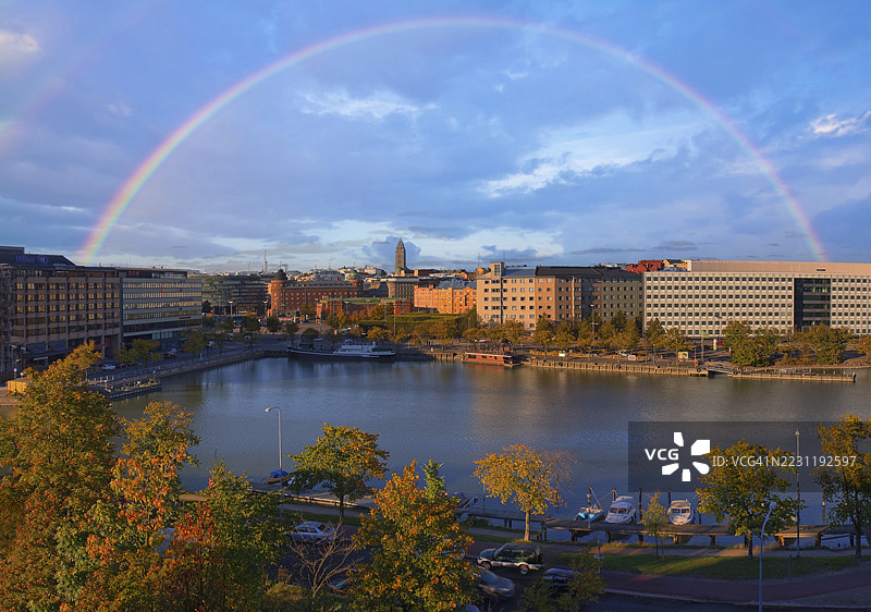 赫尔辛基天际线，秋季空中俯瞰卡利奥教堂和哈卡尼耶米，天空中的彩虹图片素材