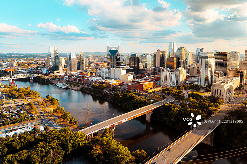 从田纳西州纳什维尔市中心的北侧，俯瞰詹姆斯·罗伯逊公园大道和伍德兰街桥，阳光明媚的夏日下午，靠近尼桑体育场的坎伯兰河。图片素材