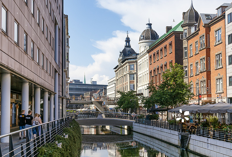 丹麦奥胡斯市中心的运河景观图片素材