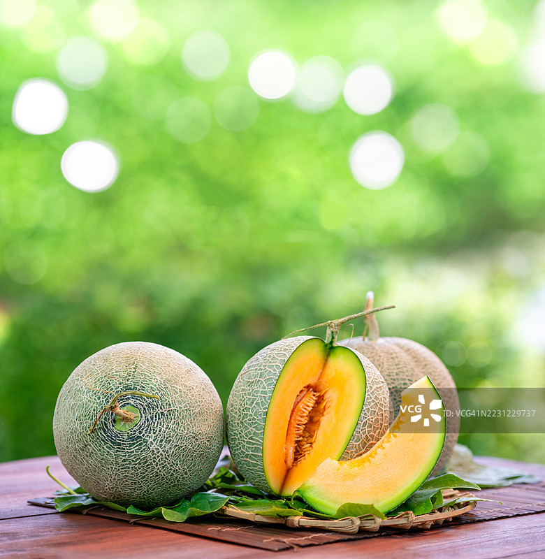 模糊绿叶背景下的橙色甜瓜，竹席上的橙色甜瓜或哈密瓜，放在花园的木桌上。图片素材