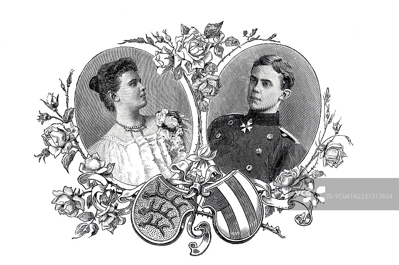 威尔赫姆·弗里德里希·赫尔曼·奥托·卡尔，第六代维德亲王（生于1872年6月27日，卒于1945年6月18日），德国贵族，保利娜·奥尔加·海伦·艾玛·冯·符腾堡（生于1877年12月19日，卒于1965年5月7日），符腾堡公主。图片素材