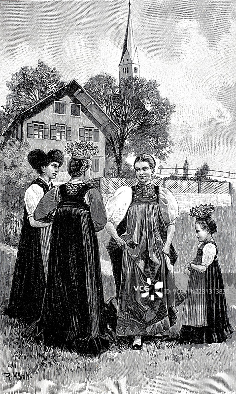1898年巴伐利亚，德国，来自基姆高的瓦瑟塔尔的女性穿着典型的传统服装，历史悠久，真实，经过数字修复的19世纪原版复制品，记录日期未说明图片素材