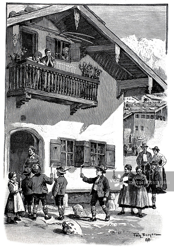 Pfingstlichteln,地区性,古老的习俗,在天主教地区,贝希特斯加登,纪念五旬节事件和圣灵降临的仪式,1898年,巴伐利亚,德国,历史,真实,经过数字修复的复制品。图片素材