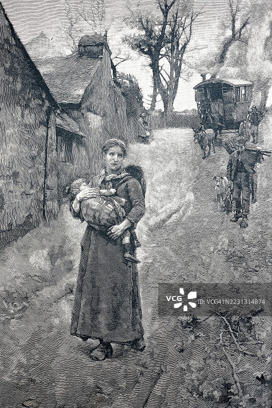 贫穷的归乡，女人怀抱着孩子，背景是家人和一辆由驴拉的马车，1880年，德国，历史，真实，经过数字修复的19世纪原作复制品，记录日期未说明图片素材