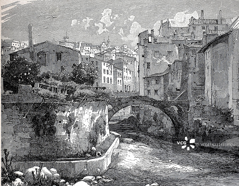 圣雷莫高架渠,圣雷莫,1880年,利古里亚,意大利,历史,真实,经过数字修复的19世纪原作复制品,记录日期未说明图片素材