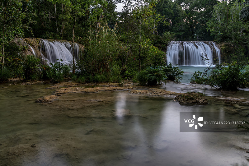 两条瀑布流入一条宁静的河流，周围被茂密的植被环绕，位于墨西哥恰帕斯州的帕伦克。图片素材