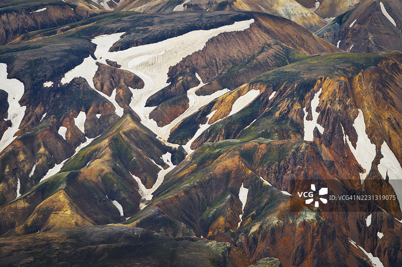 从空中俯瞰戏剧性的风景，雪山与大地色调交汇，形成丰富的纹理和色彩，兰达曼纳劳加，冰岛高地。图片素材