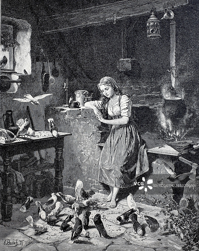 灰姑娘，赤脚的小女孩，周围有许多鸽子，在厨房里，1860年，德国，历史，真实，经过数字修复的19世纪原作复制品，记录日期未说明图片素材