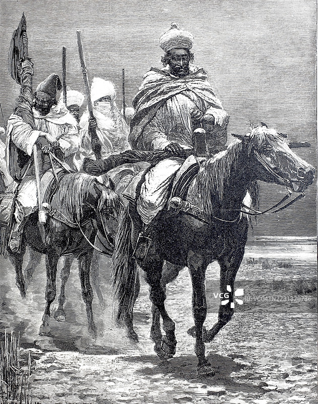 1880年摩洛哥为杰出嘉宾举行的军事接待，历史悠久，真实，经过数字修复的19世纪原作复制品，记录日期未说明图片素材