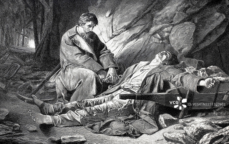 西伯利亚矿井致命事故，工人哀悼已故朋友，1890年，俄罗斯，历史，真实，19世纪原作的数字修复复制品，记录日期未说明图片素材