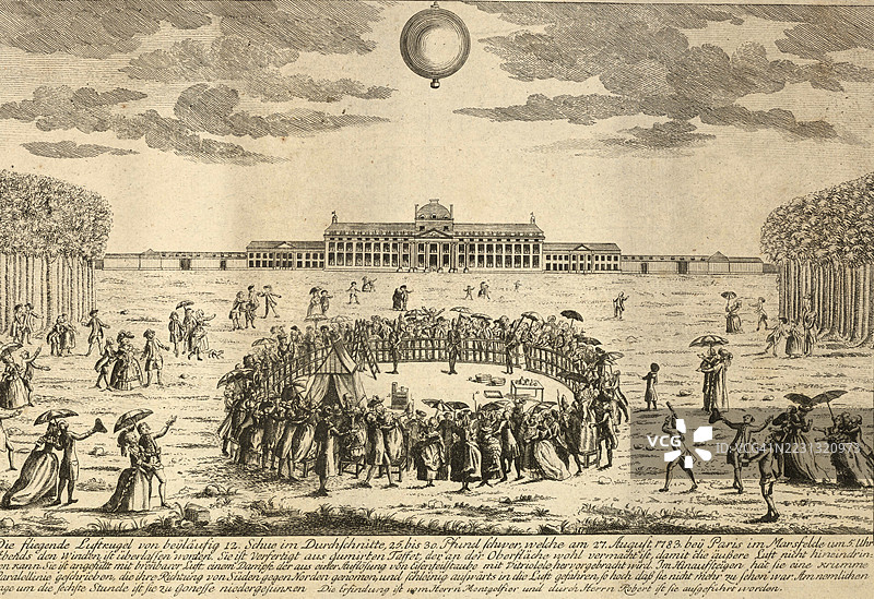 1784年在巴黎附近发射的飞行气球，热气球，蒙戈菲尔，数字修复的19世纪插图复制品，历史性，确切日期未知图片素材