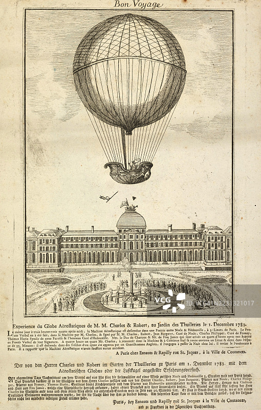 热气球，气体球，按照阿基米德原理飞行的航空器，利用充满热空气的气囊产生升力，巴黎，1783年，19世纪插图，历史，确切日期未知图片素材