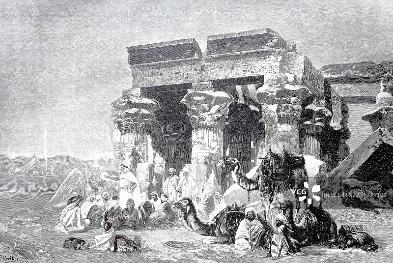 阿拉伯讲故事者在驿站中为旅行者表演，1890年，阿拉伯，历史，真实，数字修复自19世纪原作，记录日期未说明图片素材