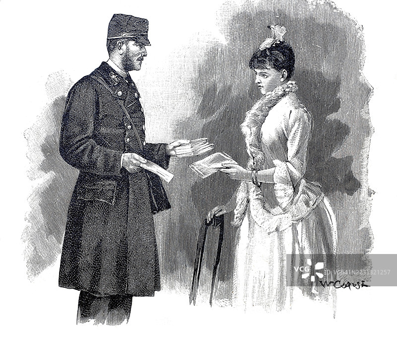 邮递员将邮件递给家庭主妇，1890年，奥地利，历史，真实，经过数字修复的19世纪原作复制品，记录日期未说明图片素材