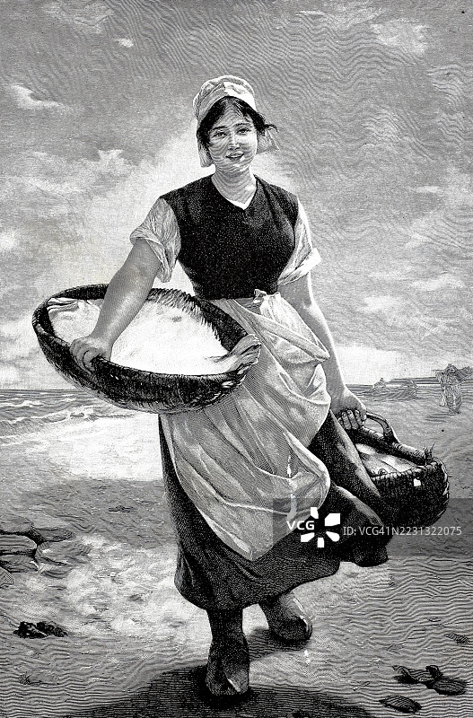 新鲜的渔民，年轻女性提着装满新鲜鱼的篮子前往市场，鱼贩，1880年，北海，基于奥托·林格的画作，历史性的，经过数字修复的19世纪原作复制品，记录日期未说明图片素材