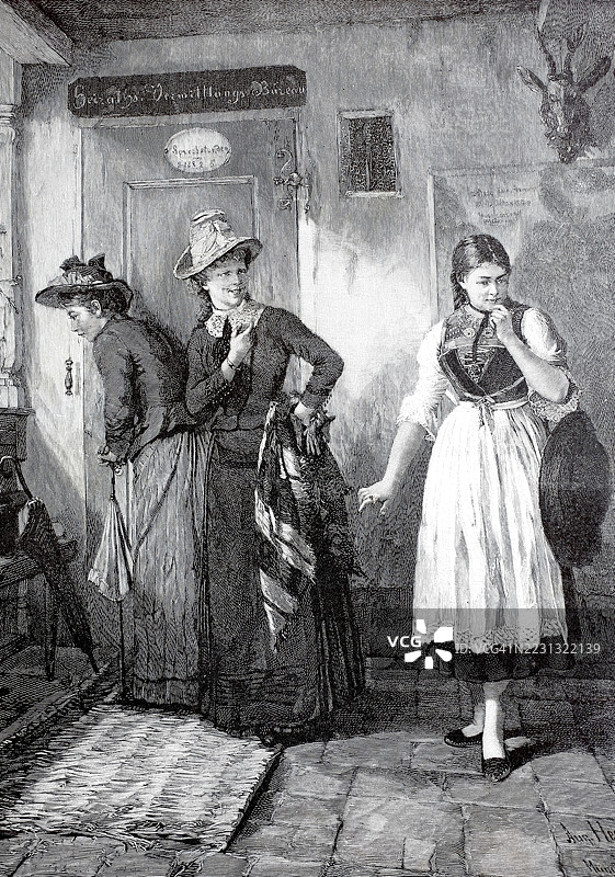 在婚姻登记处前有两位老妇人，她们带着家里的一个女孩，德国，历史，真实，数字修复自19世纪的原作，记录日期未说明图片素材