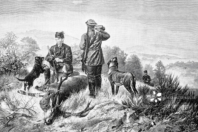 猎鹿者坐在猎物旁边，另一位猎人正在吹响鹿角，出自F. Deiker的画作，历史悠久，真实，经过数字修复的19世纪原作复制品，记录日期未说明图片素材